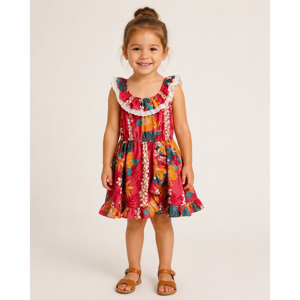 Nikky Hawaiian‎ Dress Toddler Girls 4 Pink Floral Print Cotton Ruffle Vintage